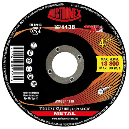 Disco Corte Metal Sustituye 3871 D 4-1/2" X 1/8" X 7/8" AUSTROMEX 1138