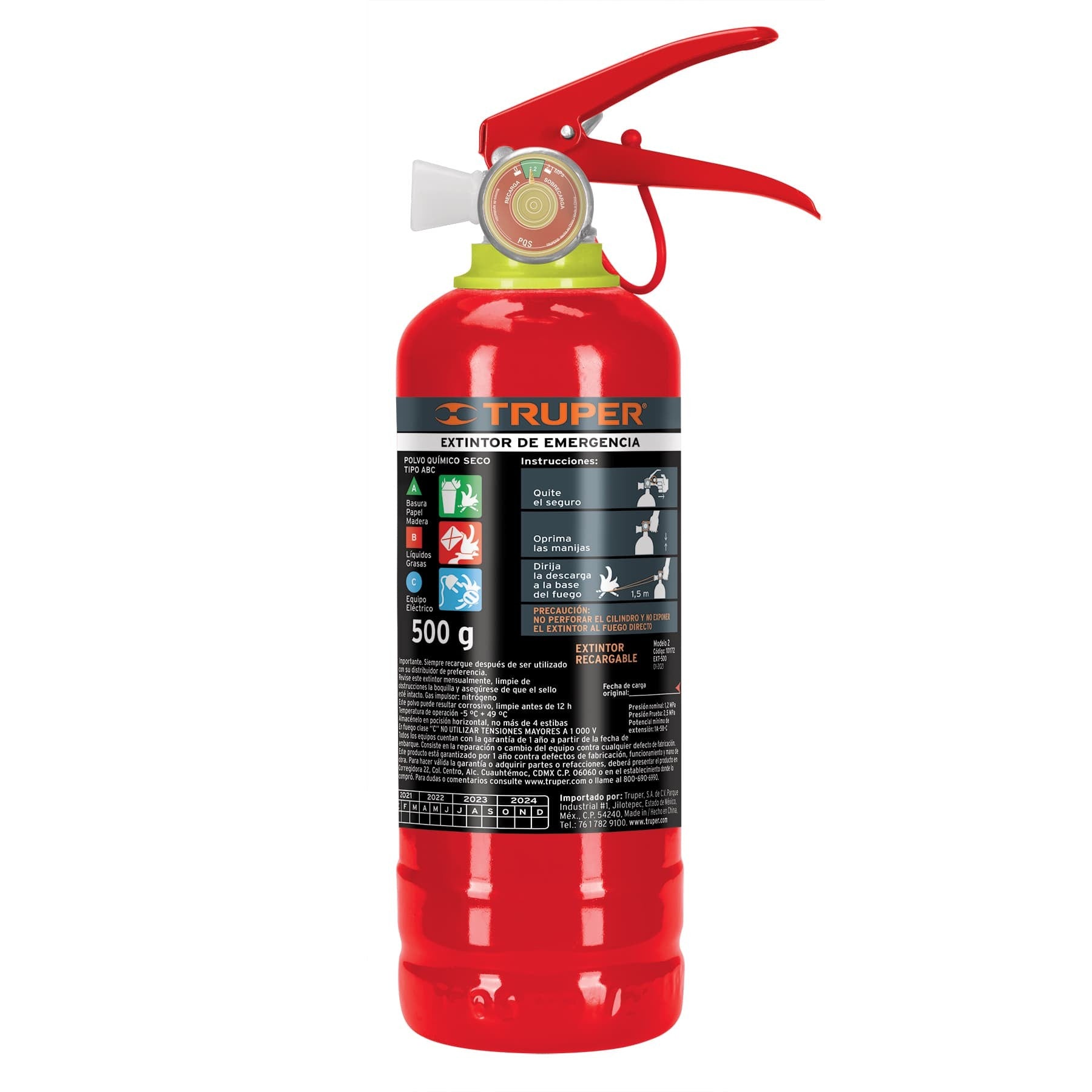 Extintor Recargable Portátil 0.5 kg, Polvo Tipo ABC TRUPER EXT-500 101172