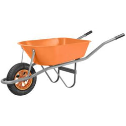 CARRETILLA DE MANO TRAMONTINA CON CAJA HONDA PLÁSTICA NARANJA 55 L, BRAZO METÁLICO E LLANTA CON CÁM