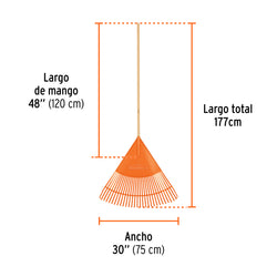 Escoba plástica para jardín, flexible, 30 dientes, mango 48' (19065)