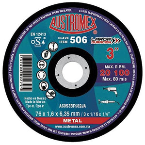 Disco Corte Metal para Taladro 3" X 1/16" X 1/4" AUSTROMEX 506